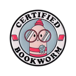 Round enamel pin featuring a cute pink worm character wearing glasses with Certified Bookworm text