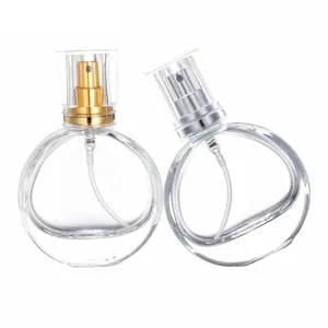 Tragbare Flache Runde Glas Parfümflasche Leere Kosmetische Spraybehälter Mit Gold Und Silber Düse Reise Dispenser