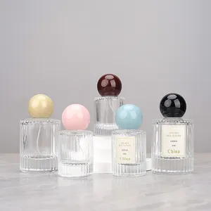 Glass perfume atomizers with colorful spherical caps, portable empty spray bottles 30ml 50ml