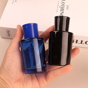 50ml glass perfume bottle empty spray refillable cosmetic container in blue and black colors.