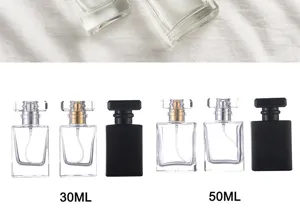 Square glass perfume bottle 30ml 50ml empty cosmetic spray container with fine mist pump.