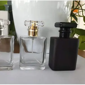 Matte black and clear square glass perfume atomizers empty cosmetic spray bottles