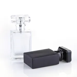 Square glass perfume bottle 30ml 50ml empty cosmetic spray bottle with clear crystal cap.
