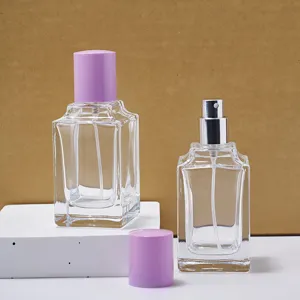Botella de Perfume de Vidrio Cuadrada de 50ml Recargable con Tapa Morada Nueva Para