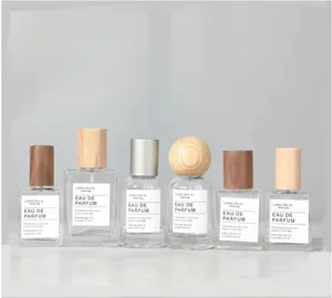 30ml clear glass empty perfume spray bottle with wooden and metal caps for cosmetics
