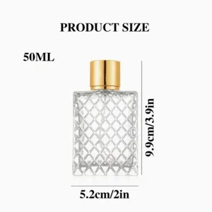 50ml quadratischer Diamant Glas Parfümflakon mit Goldkappe, Detailansicht der Größe.