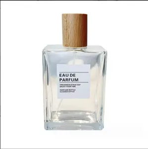 Square glass perfume bottle with wooden cap empty refillable cosmetic container clear spray vial.