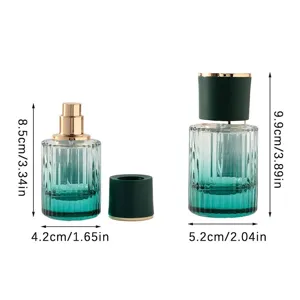 Gradient green glass perfume atomizer bottle with gold pump and cap, 30ml cosmetic sample.