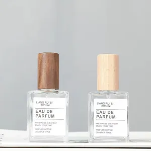 30ml square glass perfume spray bottle with wooden cap empty cosmetic refill container
