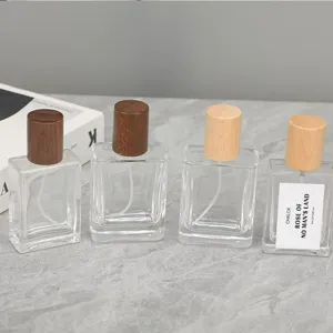 Square glass perfume bottle 30ml with wood cap empty spray bottle for cosmetic fragrance sub packaging