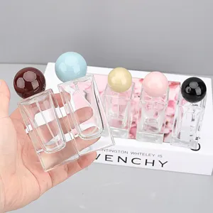 Square 30/50ml glass perfume bottle with round ball cap, portable spray atomizer empty container.