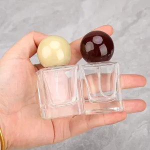 Portable square glass perfume bottle with round ball cap, 30ml 50ml empty cosmetic spray container