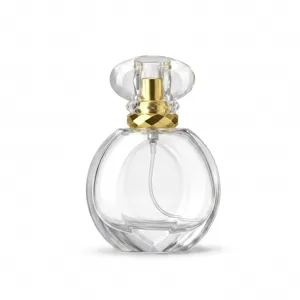 50ml refillable glass perfume bottle with clear cap and gold collar for cosmetics.