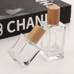 Square glass perfume spray bottle with natural wood cap empty cosmetic sub bottle 30ml 50ml
