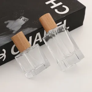 Clear Glass Perfume Bottle with Wooden Cap Refillable Spray Bottle Empty Cosmetic Container