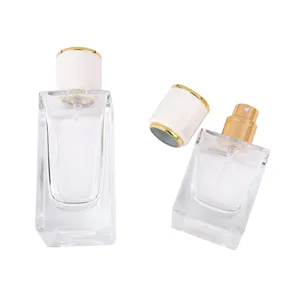 Detailansicht der klaren nachfüllbaren Glas Parfumflasche mit Pumpe und weißem Deckel.