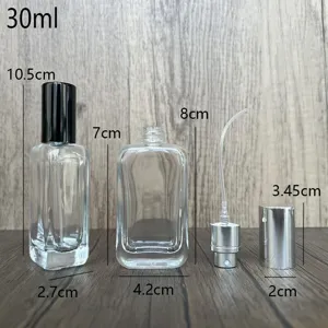 Clear glass perfume bottle detail showing dimensions, cap, spray pump, and 30ml capacity.