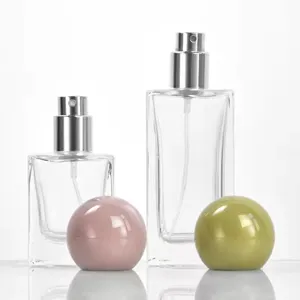 Square glass perfume bottle with round ball cap, 30/50ml empty portable spray atomizer.
