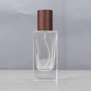 Clear glass perfume bottle with wooden cap empty spray atomizer for travel cosmetic use