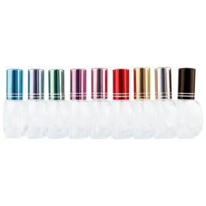 10ml flat round clear glass perfume atomizers with colorful metal caps, cosmetic packaging bottles.