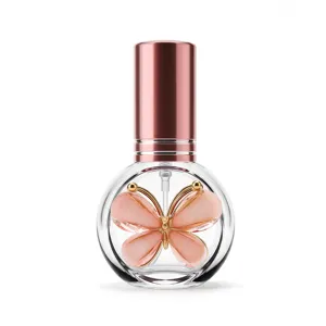 10ml klares Glas-Parfümfläschchen mit rosa Metallkappe und süßem Schmetterlingsdetail.