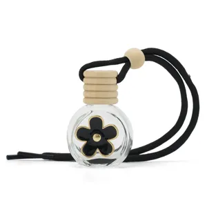 Hängendes Autoparfüm Fläschchen leere Glas Auto Diffusor Flasche mit schwarzem Blumen Anhänger