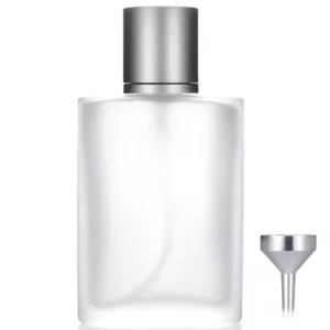 Frosted glass perfume bottle detail view with metal cap and funnel accessory for refilling.