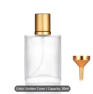 Frosted glass perfume bottle detail with golden cap and compact funnel, 30ml capacity.