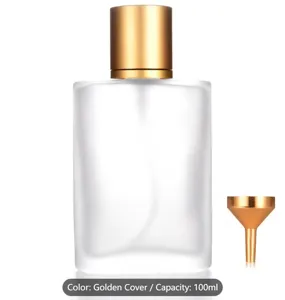 Frosted glass perfume bottle 100ml with gold cap and mini funnel for cosmetic packaging travel