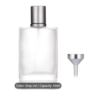 Frosted glass perfume bottle with metal cap and funnel 50ml empty cosmetic container.