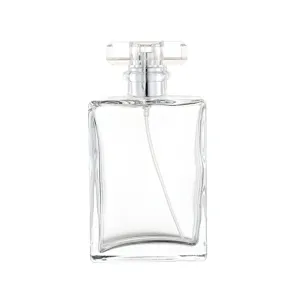 100ml clear square glass perfume bottle with fine mist spray pump and crystal cap detail.