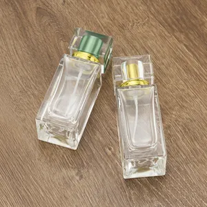 Clear square glass perfume bottle 50ml empty refillable cosmetic spray bottle with cap.