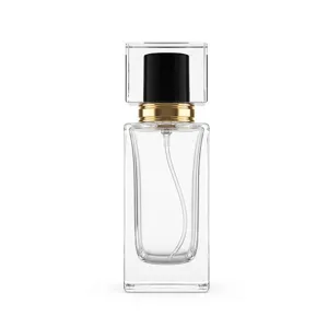 Detailed view of clear glass perfume bottle, 50ml refillable spray container with cap.