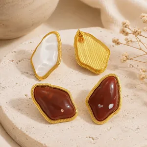 Detailed view of retro irregular geometric earrings with resin inlay in warm tones