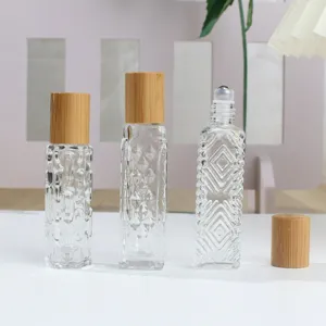 Bouteille à Bille en Verre pour Huile Essentielle Bouchon en Bois de Bambou Bouteille Distributeur de Parfum Rechargeable Avec Motif en Relief