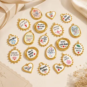 Stainless Steel DIY Jewelry Pendant Italian Phrases Enamel Geometric Charms For Necklace Bracelet Making Craft Accessories