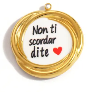 Close-up detail of stainless steel pendant with Italian quote Non ti scordar di te
