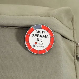 Detailaufnahme der Anstecknadel 'Why Dreams Die' auf olivgrünem Stoffhintergrund