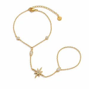 Detailed macro view of the gold octagram star hand chain with sparkling marquise zircons