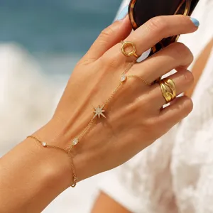 Gold plated titanium steel hand chain with sparkling zirconia eight-pointed star motif