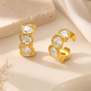 Elegant gold-plated titanium steel ear cuffs featuring sparkling pear-shaped zirconia stones