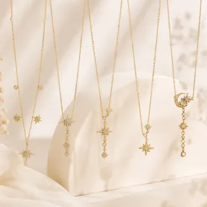Light Luxury Stainless Steel Eight-Pointed Star Moon Rhinestone Necklace For Women 18K Gold Plated Starry Sky Y-Shaped Pendant Fashion Commute Jewelry