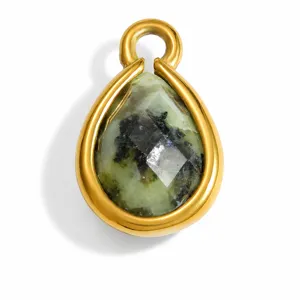 Close-up view of a teardrop natural stone pendant with gold stainless steel frame
