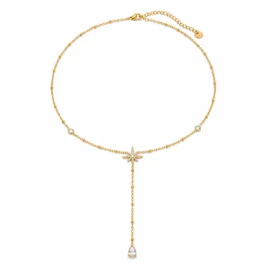 Elegant gold Y-shaped necklace featuring a diamond star and teardrop zircon pendant