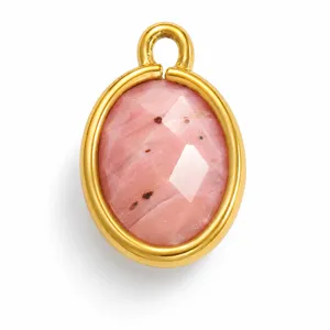 Close-up of a pink natural stone oval pendant with gold-plated stainless steel frame