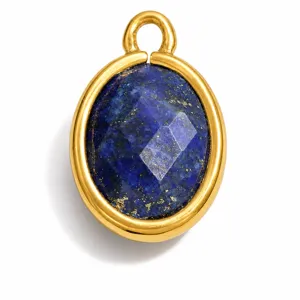 Close-up of faceted oval lapis lazuli pendant with gold-plated stainless steel frame