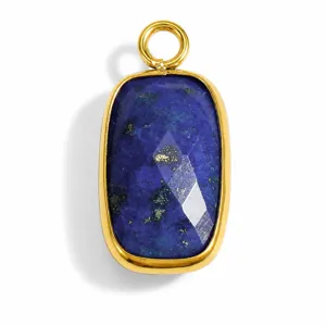 Close-up detail of a rectangular blue lapis lazuli stone pendant in gold setting
