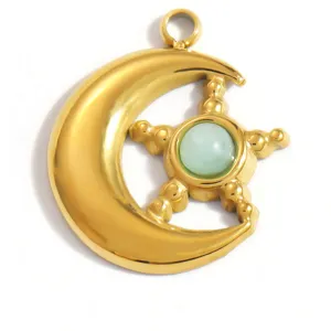 Detailed view of gold stainless steel moon and star pendant with green natural stone