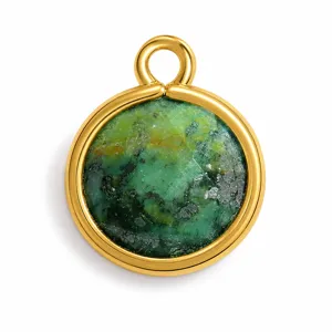 Macro view of a gold-plated stainless steel pendant featuring green faceted natural stone