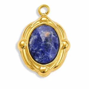 Detailed view of an oval gold stainless steel pendant featuring a blue faceted stone.